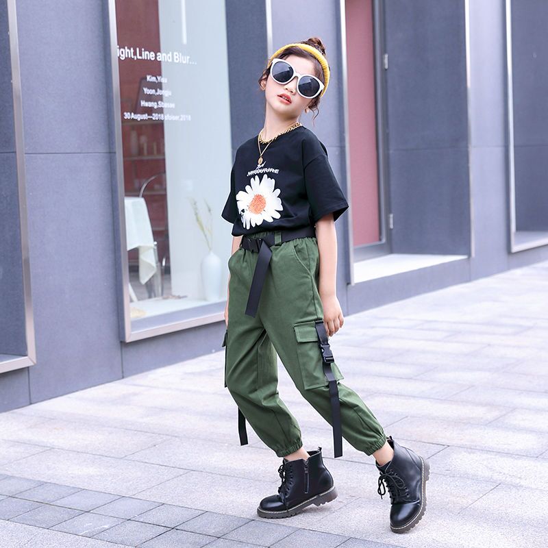 Eachin meisjes cargo broek trend kinderkleding meisjes losse broeken effen streetwear broek kinderen effen broek met zakken: Legergroen / 5-6 jaar (130cm)