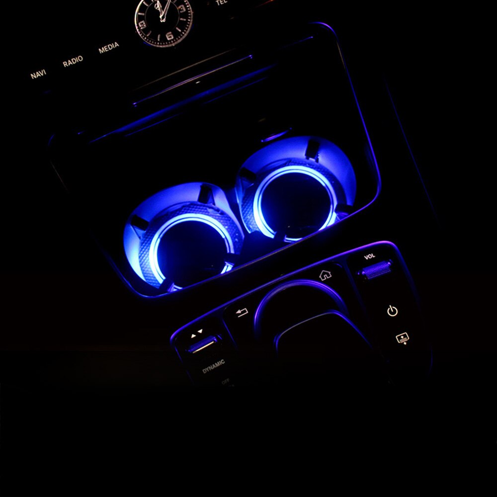 2 stk drikkepute 5 farger usb lade atmosfære bil koppholder bunn pad lys byttebar bil rgb lys