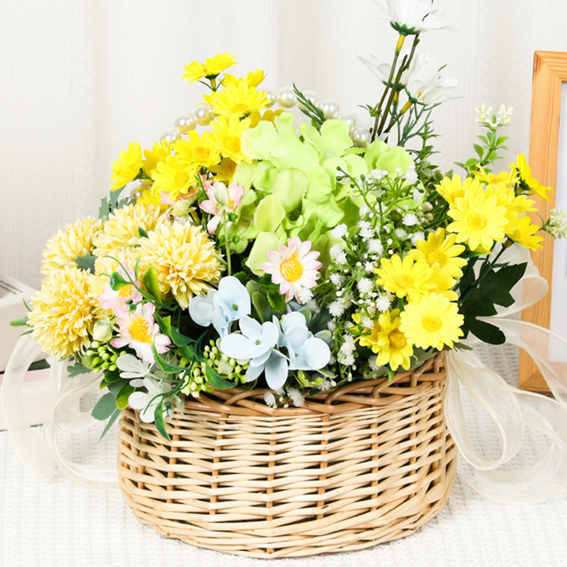 Cesta tejida de ratán de sauce, cesta de flores de mimbre con mango de perla y lazo, cesta de Picnic, arreglo floral, decoración de bodas