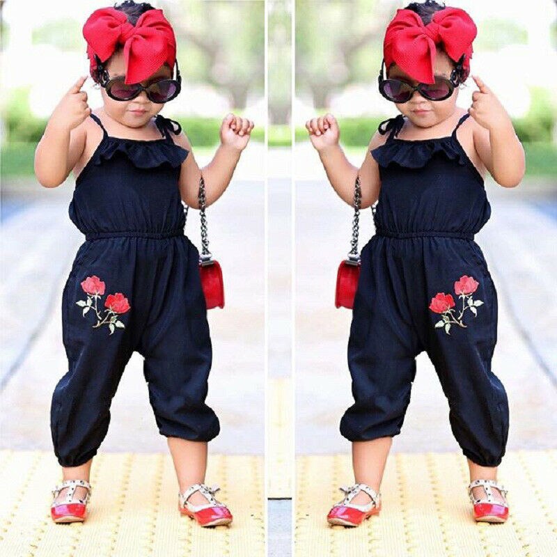 Röd ros tryck sommar flickor overall barn flickor rem blomma ärmlös romper jumpsuit playsuit outfits kläder 1-6y
