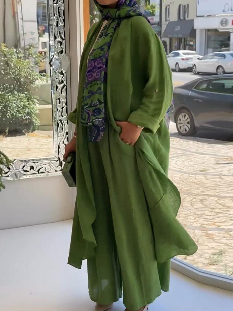 2- delade långärmade maxi-skjortor + vida byxor eid muslimska kvinnor set abaya dubai turkiet islamiska casual toppar enfärgad outfit