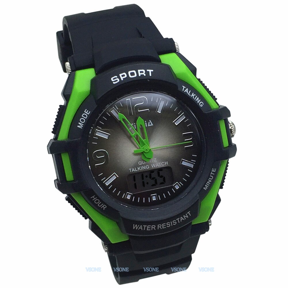 Spansk analog-digital dual display talende armbåndsur m/alarm til blinde og svagsynede, med sort ruber rem 861 zts-grn
