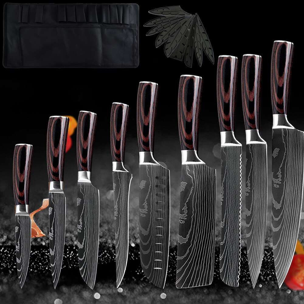 XYj Professionelle Küche Koch Messer Set Japanischen 7CR17 High Carbon Edelstahl Nachahmung Damaskus Muster Kochen Messer Set