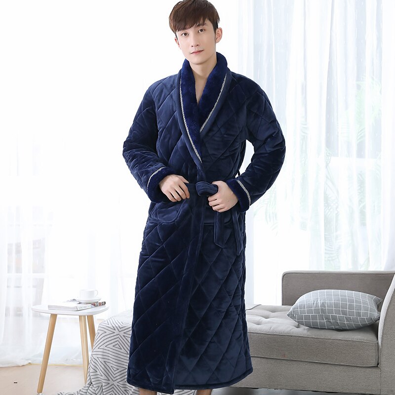 Inverno longo robe para o sexo masculino três camadas acolchoado roupão grosso flanela sleepwear plus size xxxl quimono roupões de banho dos homens salão quente