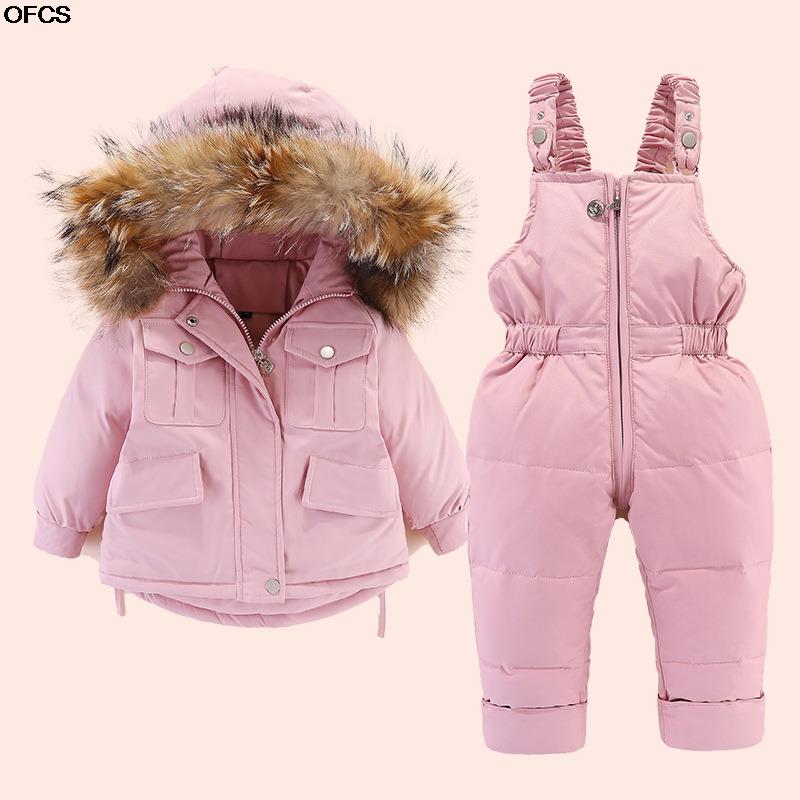 0-4Y Winter Down Jas 2 Stuks Set Jas + Jumpsuit Baby Meisje Jongens Thicken Warm Bontkraag Jas Kids Jongens baby Snowsuit Kleding: Roze / size 100