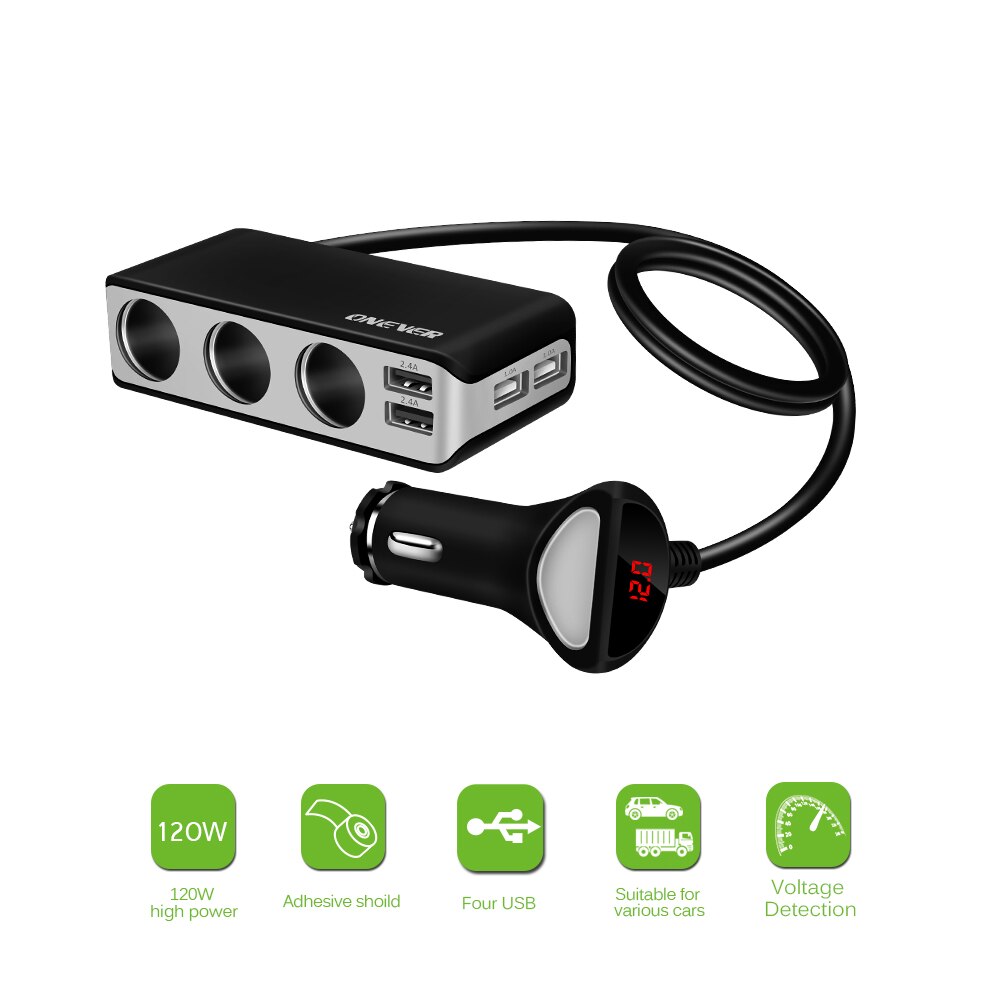 4 USB Port 3 Way Car Cigarette Lighter Socket Splitter 120W Output Power Adapter 12~24V Charger Fast Charging Voltmeter Display