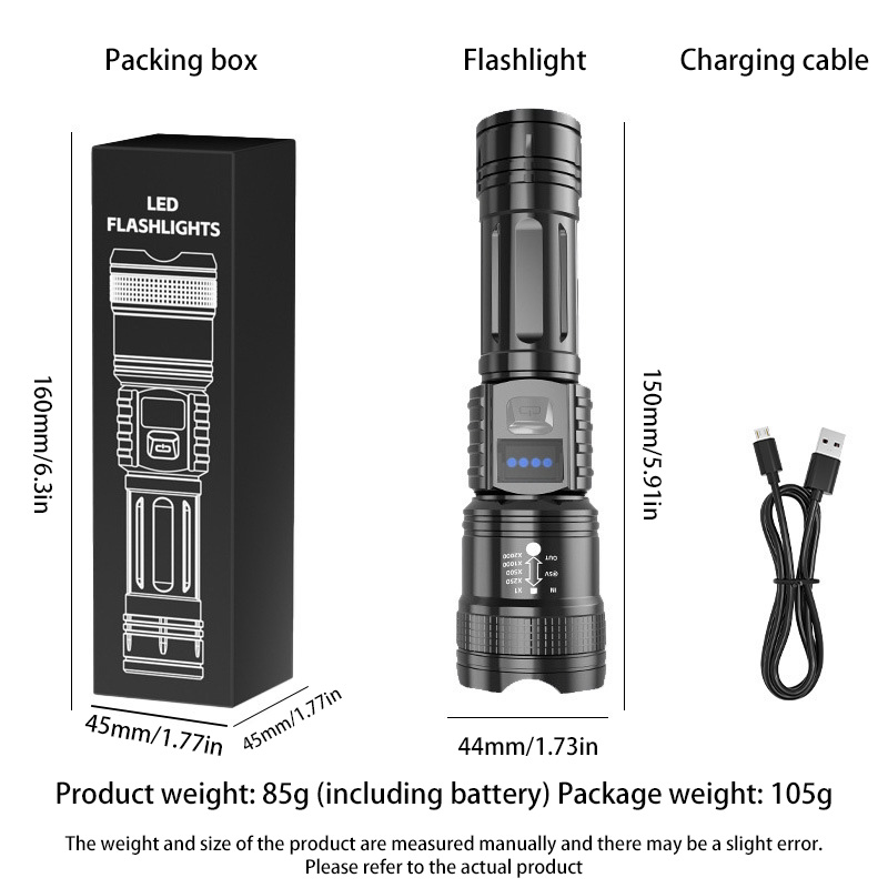 Højtydende led-lommelygter med indbygget batteri, usb-genopladelig, stærk håndlampe, multifunktionel lommelygte til nødcamping