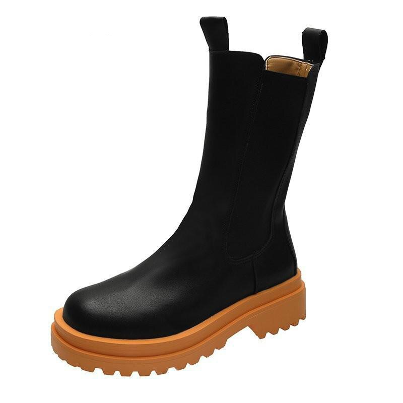 2020 botas femininas de couro marca outono inverno quente botas curtas sapatos de plataforma à prova dwaterproof água antiderrapante meados de bezerro botas mujer: Laranja / 35