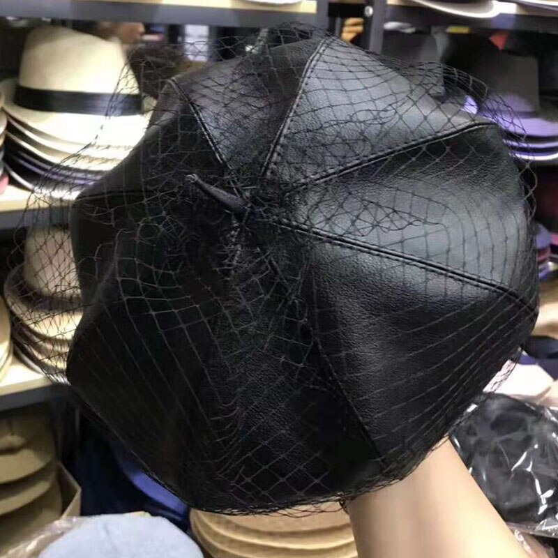 Fascinante boina de cuero, boina francesa con velo, malla, doble capa, boina para mujer