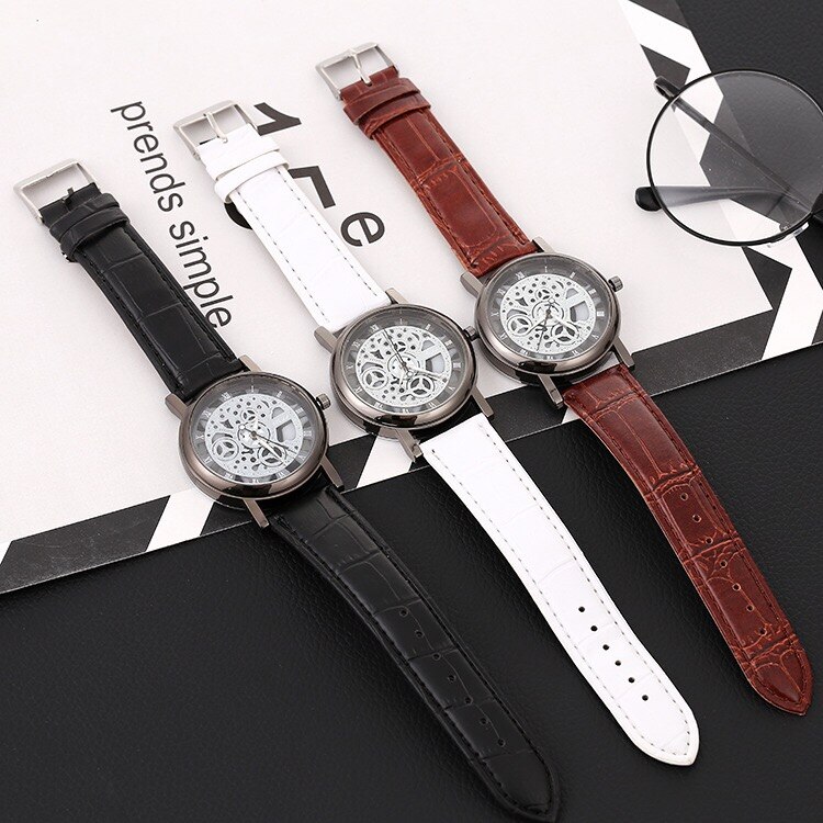 Foloy Watch For Men PU Leather Band Hollowing out Analog Alloy Quartz Wrist Watches Men Watch Clock