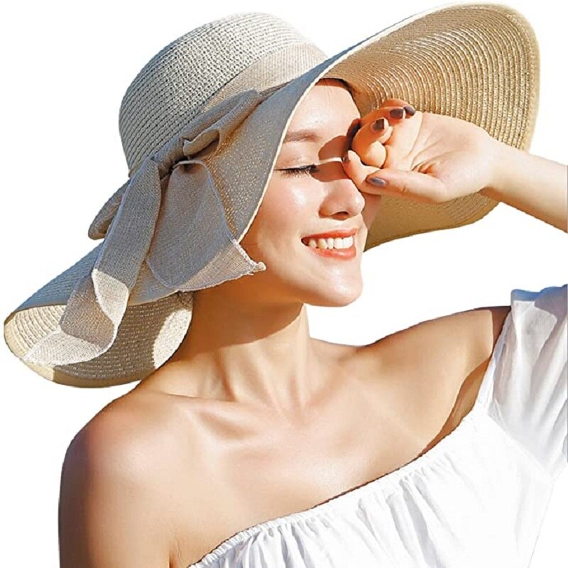24colors Womens Sun Straw Hat Wide Brim UPF 50 Summer Hat Foldable Roll up Floppy Beach Hats for Women Big Bowknot
