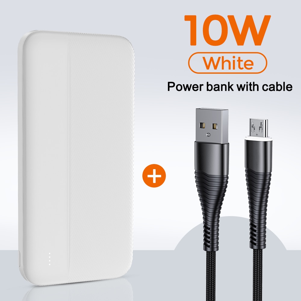 YKZ 10000mAh Power Bank For iPhone 12 pro max Powerbank External Battery Pack Portable Charger Power Bank for Xiaomi Mi 9: 10w white with cable