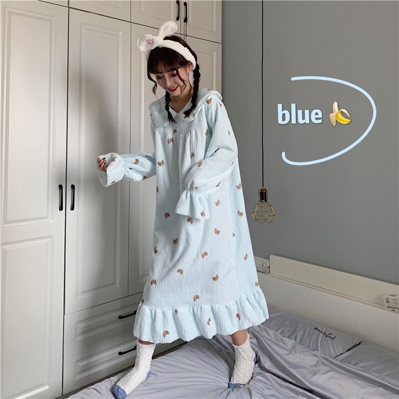 Camisones estampados Kawaii para mujer, ropa para casa suave de terciopelo Coral con volantes, holgados e informales de princesa, para Otoño e Invierno