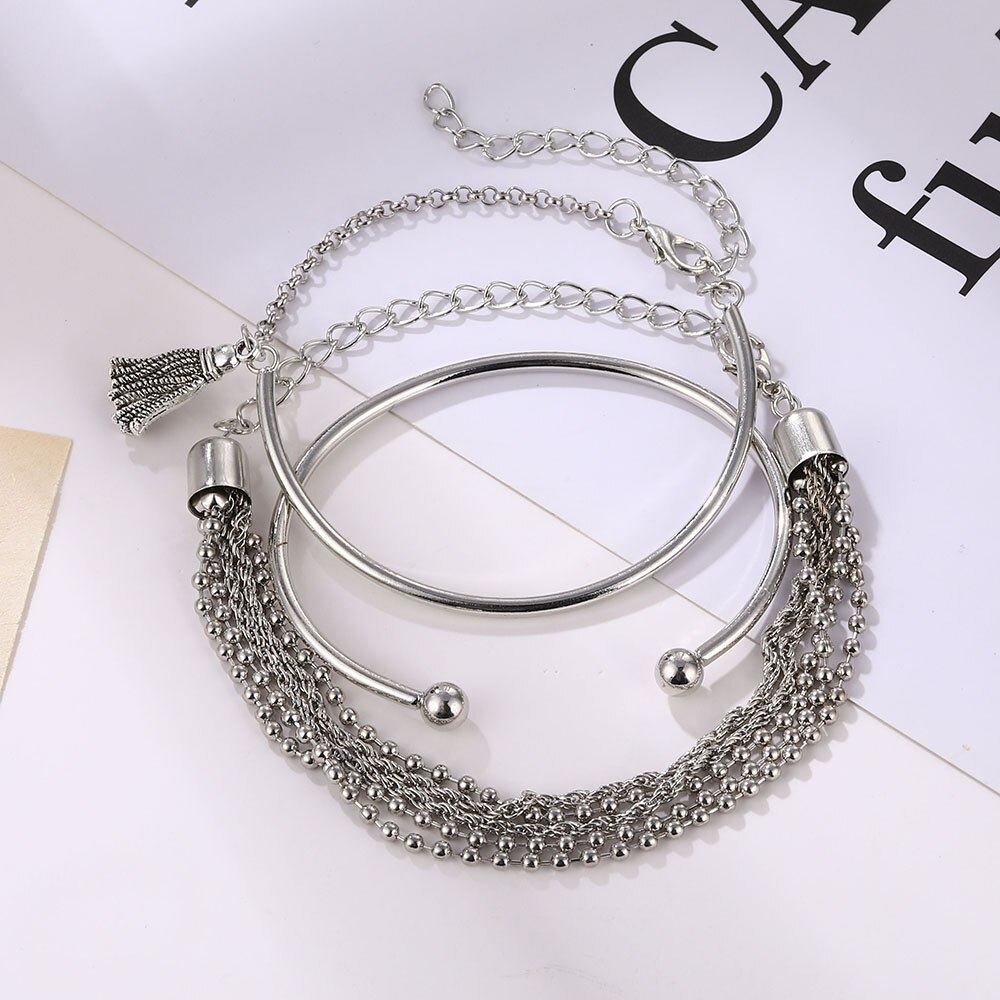 3PCS/Set Silver Color Bracelet Round Bead Chain Bracelet Multi-Layer Tassel Bracelet for Women Chain Bangle Girls Wrist Jewelry