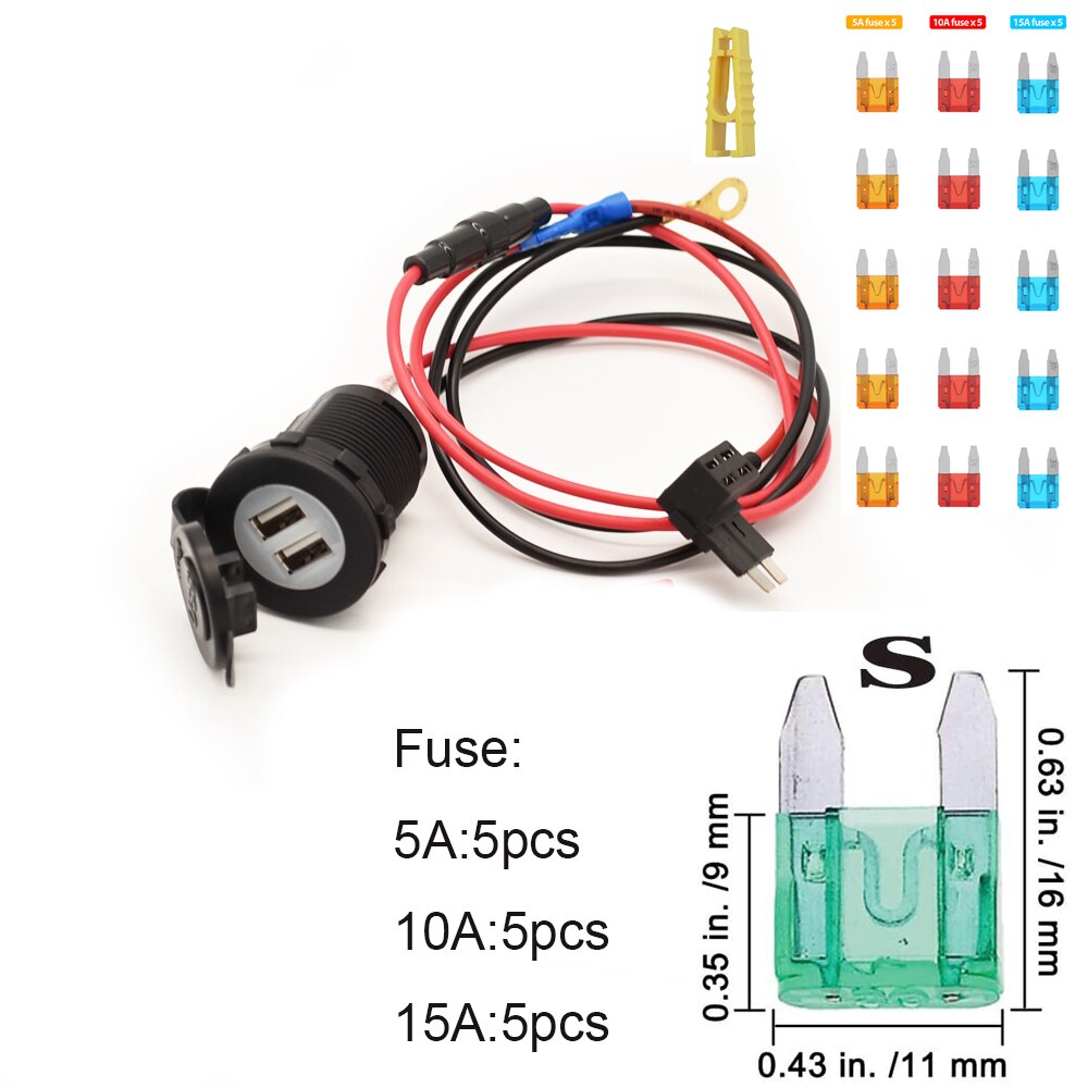 Jtron car fuse tap turn dual USB sockect adapter DC12V 10A cable extention 60cm with blad fuse full kit for RV boat: S ATS