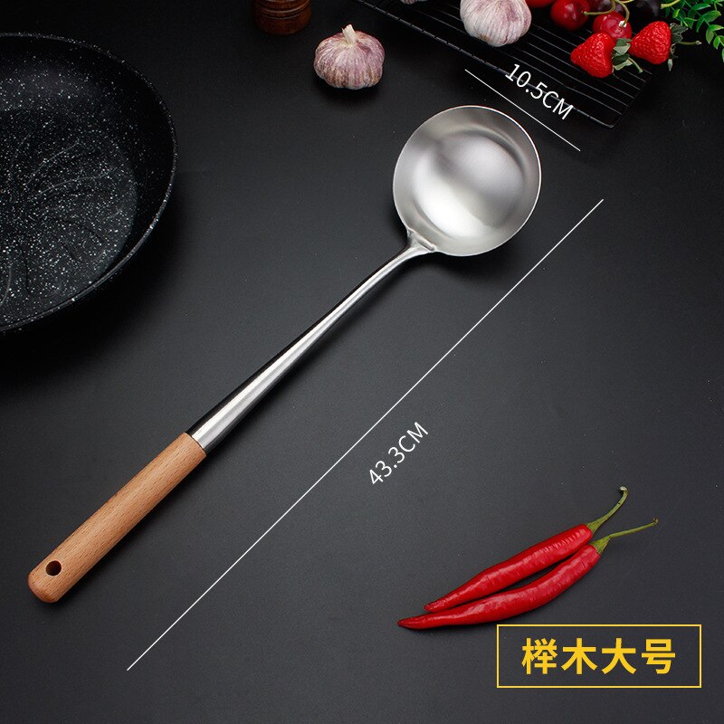 304 Stainless Steel spatula spoon with wooden handle lengthened cooking spoon anti-scalding cooking shovel kitchenware: Beech spoon  XL