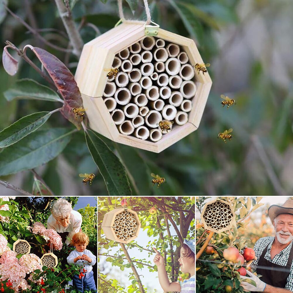 Mason Bee House Refillable Nesting Box Handmade Natural Bamboo Bee Hive Attracts Peaceful Bee Pollinators