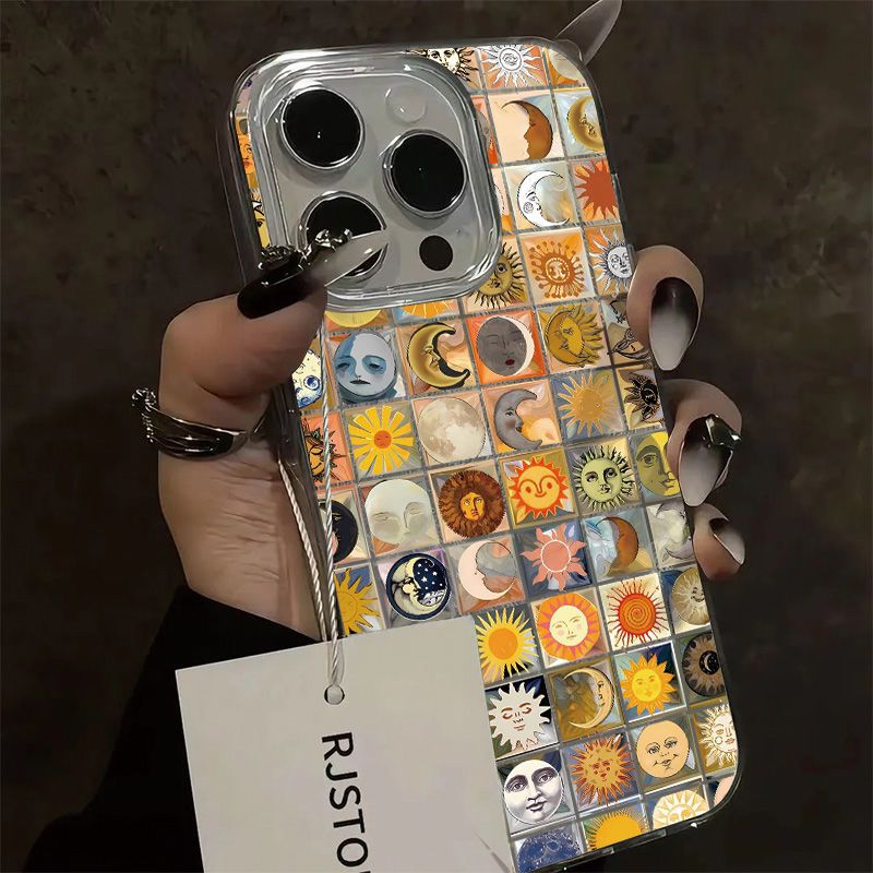 Luxury Sun Moon Hard Phone Case for iPhone 13 12 11 16 15 14 ProMax 16Plus X XSMAX XR 7 8 Plus Fun Phone Shell Cartoon Cover Y2k: Vinyl