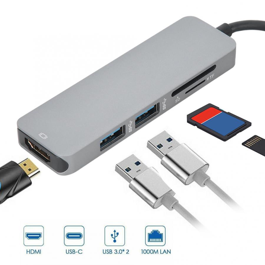 5-in-1 HDMI + TF Kartenleser Multi-Funktion Konverter Aluminium Legierung Typ-C Hub kartenleser