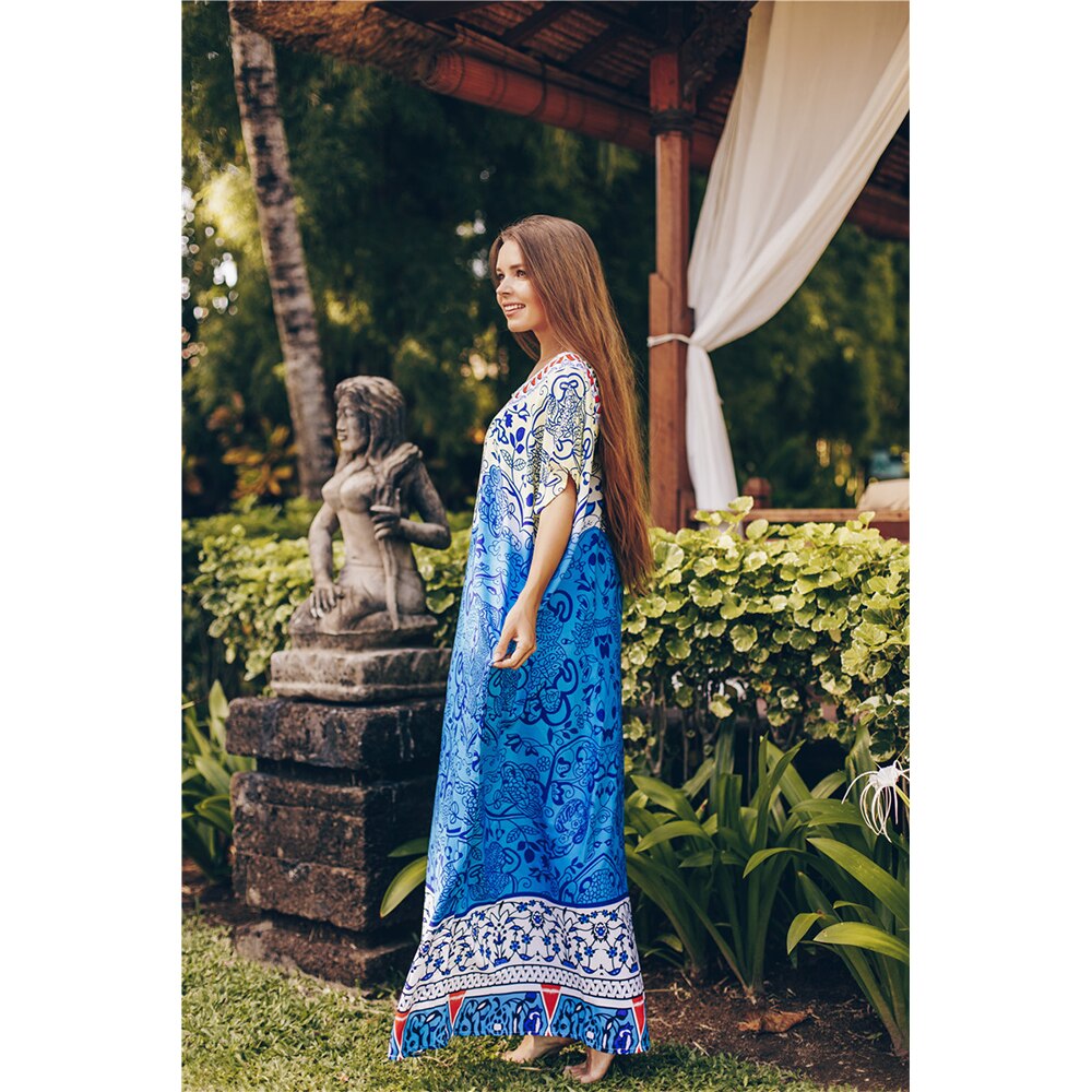 Bohemian Printed Maxi Beach Dress Plus Size Tunic Summer Beach Cover-Up Women Beach Wear Robe De Plage Sarong