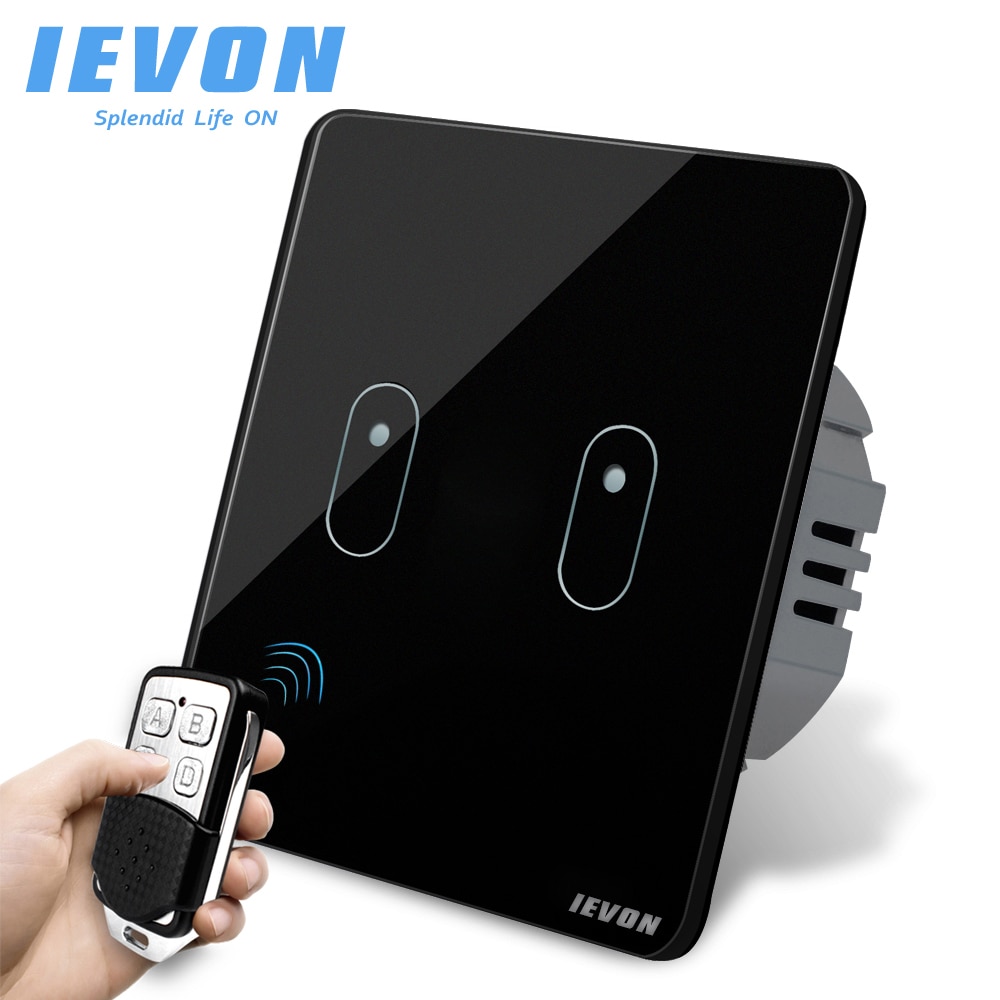 2 Gang remote control light Switch, black Glass Wireless remote control Switch, EU wall light switch touch remote control switch