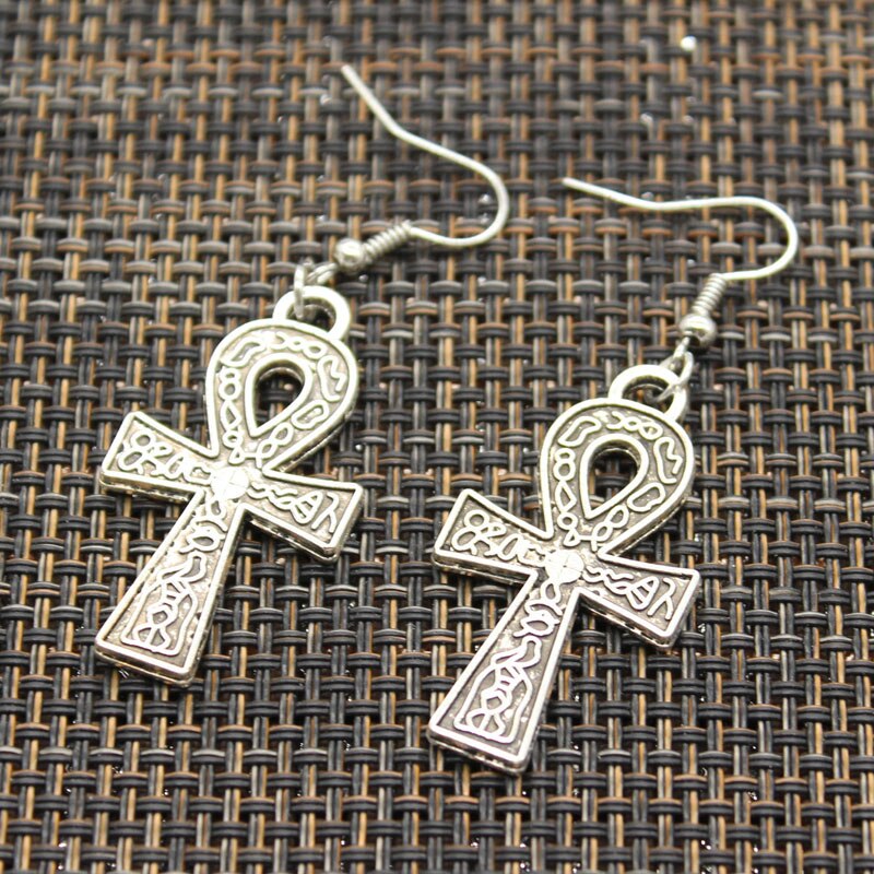 Mode Handgemaakte Cross Egyptische Ankh Leven Symbool Bloem Cross Hangers Zilveren Kleur Oorbellen Voor Vrouwen Stijl: 38x21mm pendant