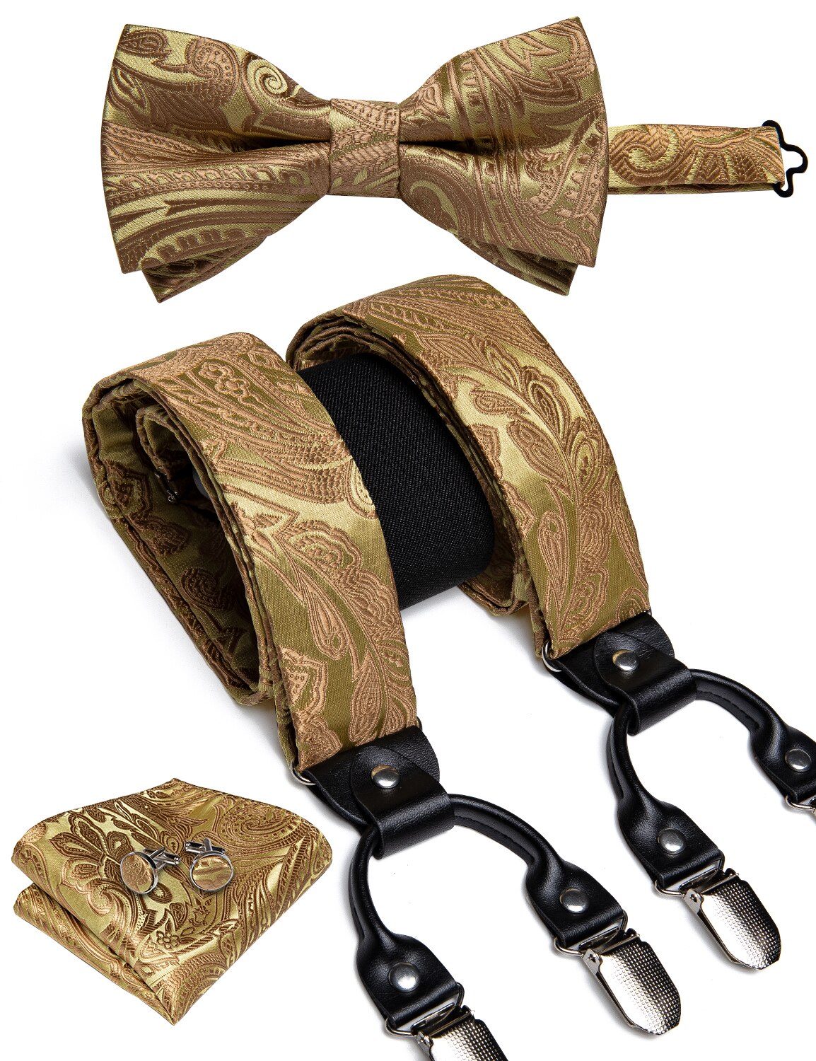 Elegante Gouden Paisley Zijde Bretels Mannen Real Leather Metal 6 Clips Bretels Elastische Bretels Broek Bandjes Mannen Dibangu: BD-4023