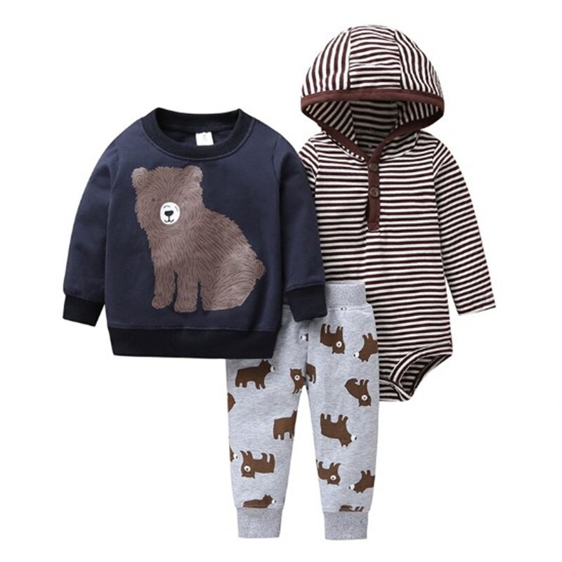 3 stk sæt baby drenge piger tegneserie t-shirt langærmede bodysuit print bukser pp bomuld nyfødt stribet tøj sæt: 19a / 12m
