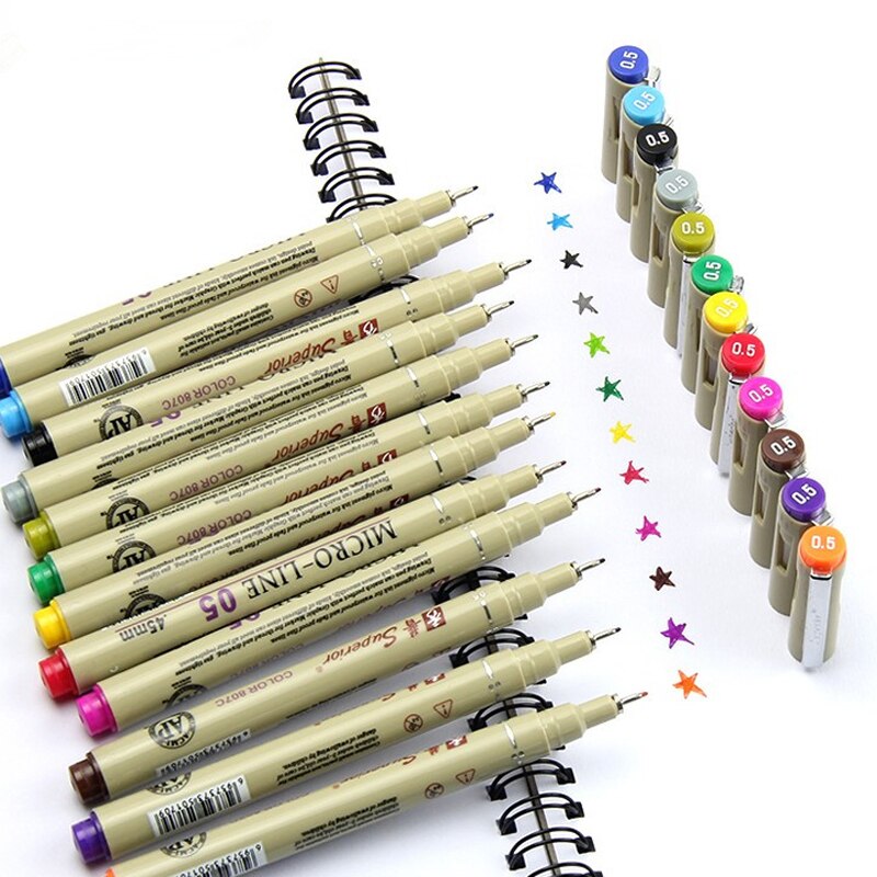 Bolígrafo de aguja de línea fina para dibujo artístico de dibujos animados, microboceto, 0,5 colores, 12 Uds.