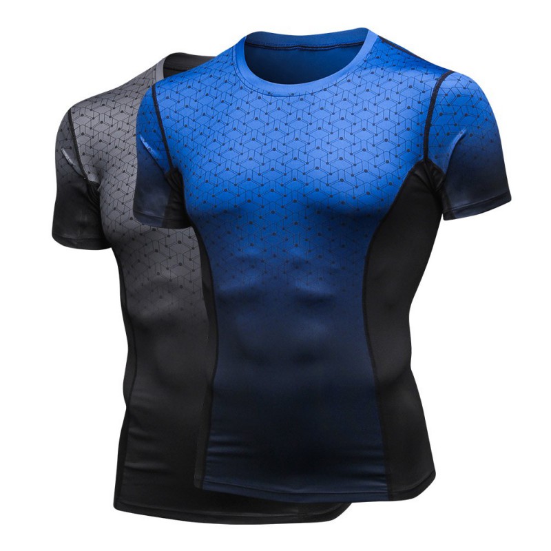 Mannen PRO Fitness Korte Mouw Print Gradiënt Sport Running High Velocity Droog Drogen T-Shirt Strakke Mouw