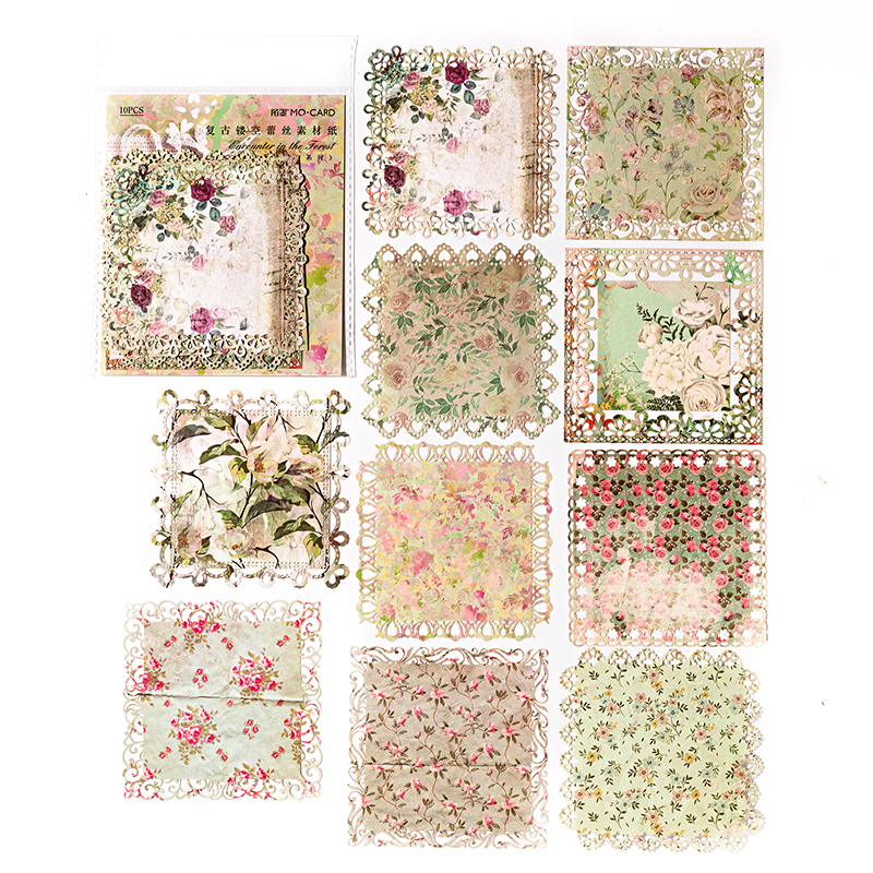 10 st scrapbookingpapper krans spetsdekorationspapper ihåligt kort collagematerial skräpjournal gör-det-själv handgjort pysselpapper: Mörk khaki