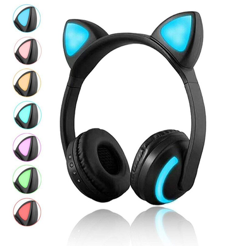 Cute Bluetooth Stereo Cat Ear Headphones Flashing Glowing cat ear headphones Gaming Headset Earphone 7 Colors LED light: Default Title