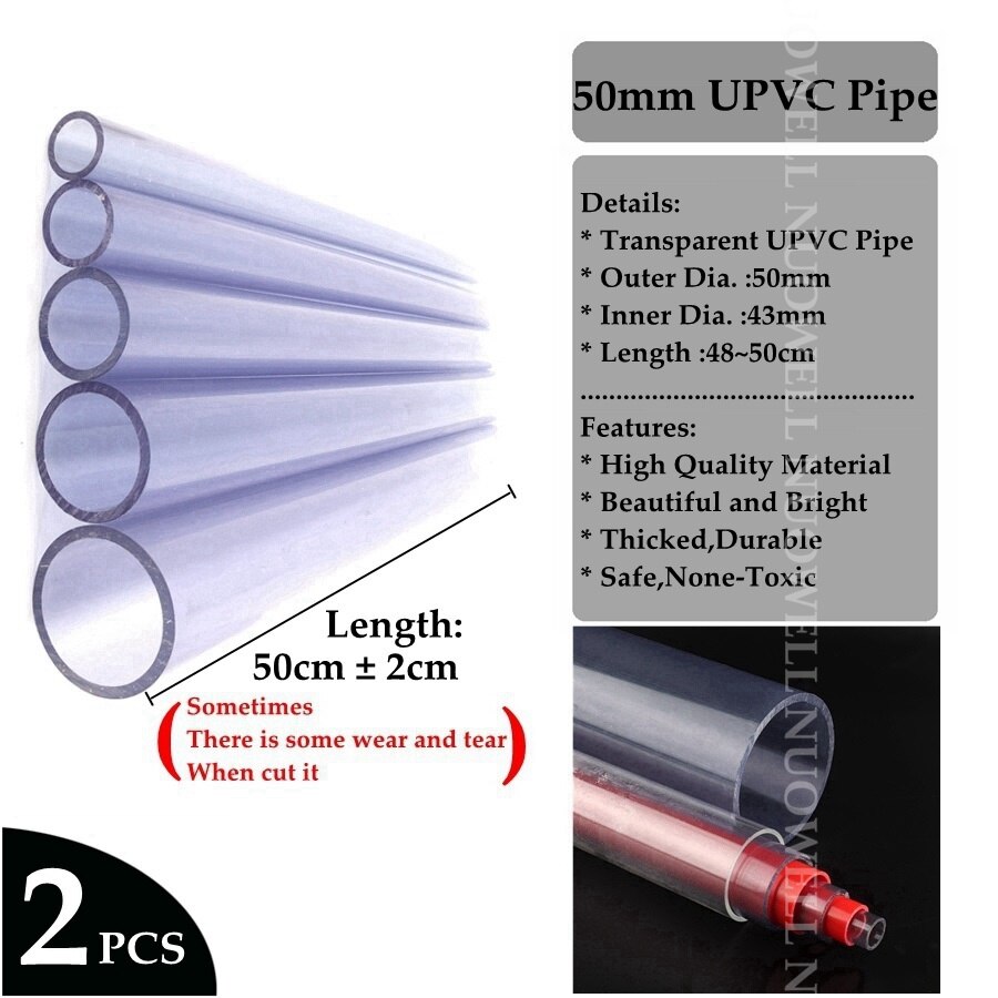 50cm O.D16~280mm Transparent PVC Pipe Aquarium Fish Tank Visiable UPVC Pipe Chemical Liquid Tube Anti-Corrosion Water Pipe: 2pcs 50mm Pipe
