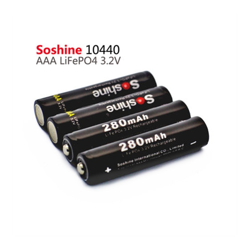 4 stuks Soshine 10440 280 mAh 3.2 V LiFePO4 Oplaadbare AAA Batterij + Draagbare Batterij Doos + 2 stuks Batterij connectors