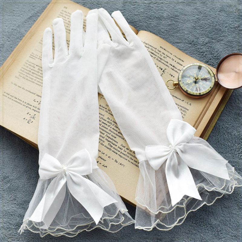 Guantes cortos finos de malla transparente para boda, lazo de satén y volantes ondulados