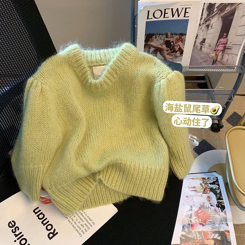OMCHION-suéter corto de manga abombada verde para mujer, ropa de punto de cintura alta, ajustado, coreano, interior, primavera 2022: Green