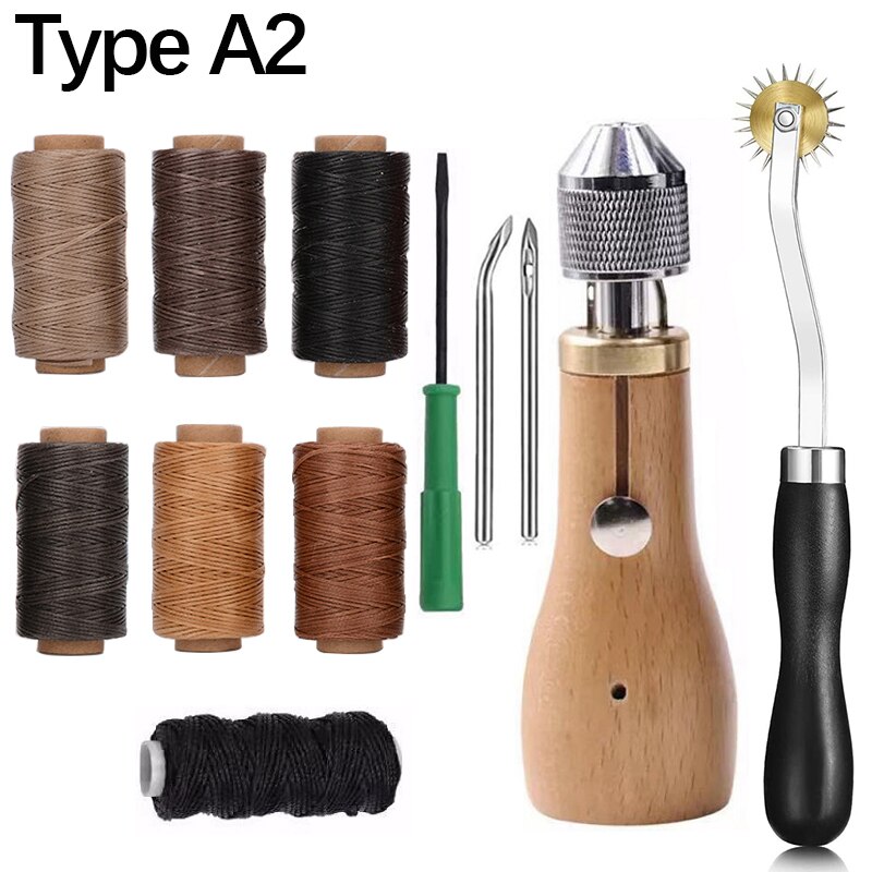 Leather Sewing Awl Set with Flat Waxed Thread Overstitch Wheel Needle Shoemaker Stitch Awl Manual Speedy Stitcher Leathercraft: Type A2