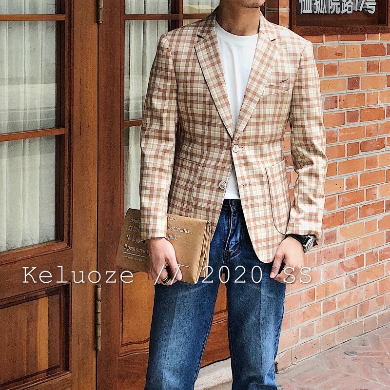 Vår khaki herr kavaj rutig kavaj homme slim fit affärsväst homme kostym herr kontor rutig jacka vestidos de novia