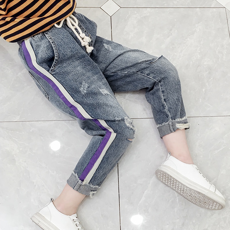Jeans til piger børn forår efterår lilla stribede børn iført piger 4-12 år gamle piger jeans afslappede bukser jeans til piger