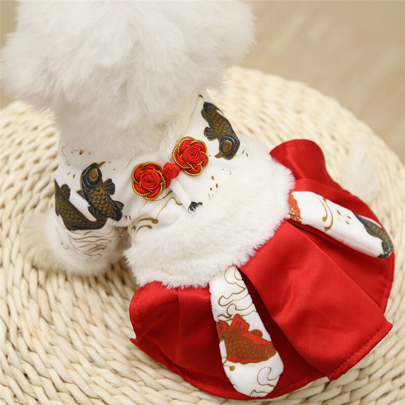 Vestido de invierno de Año chino para perro, ropa para mascota, traje Tang Cheongsam, falda para cachorro y gato, vestidos de boda, traje para perro pequeño
