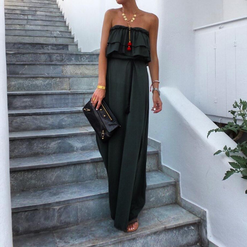 Chamsgend Off Schouder Chiffon Zomer Jurken Vrouwen Ruche Geplooide Lange Jurk Legergroen Elegante Losse Strand Jurk