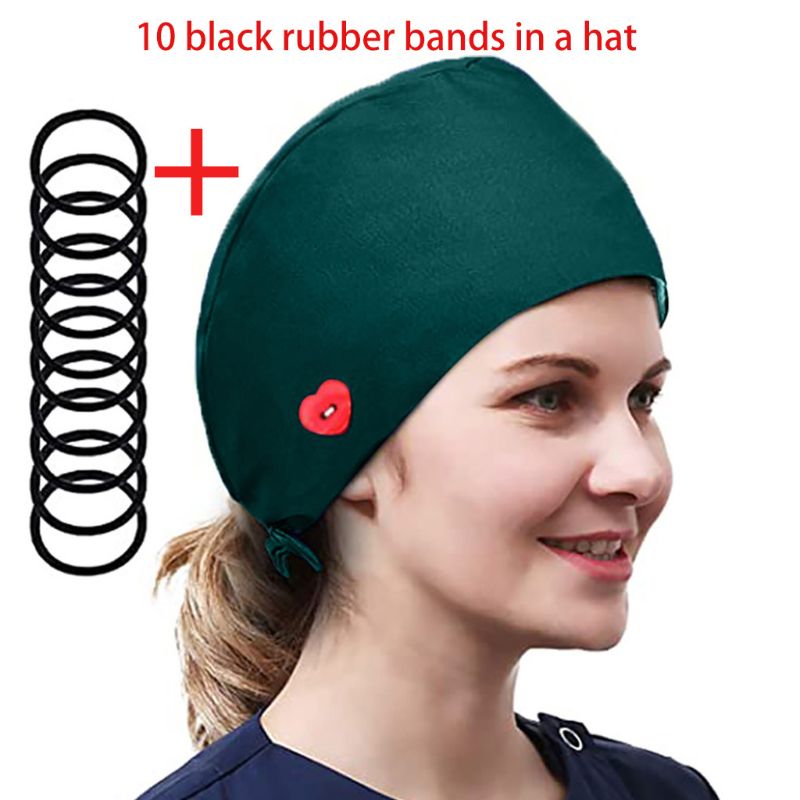 Women Solid Color Buttons Scrub Cap with 10Pcs Hair Ties Bouffant Hat: GN