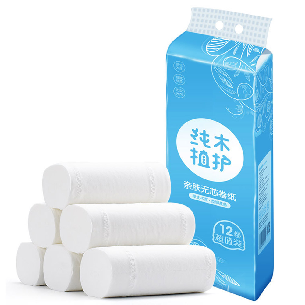 12 Rolls Coreless Roll Paper 4-Layer Thicken Wood Pulp Paper Towel Household Toilet Paper Bathroom Tissue Wetable Nakin Paper