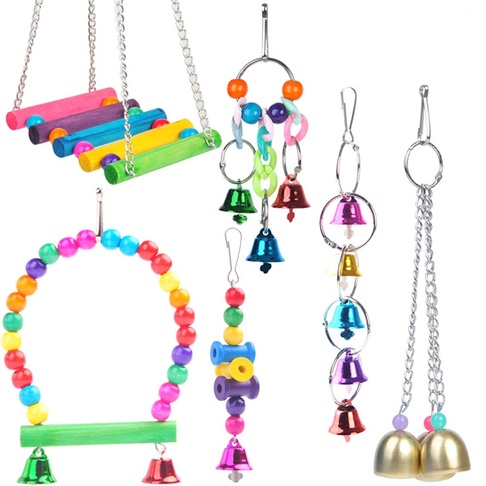 Parrot Hanging Cage Bird Cage Toys for Parrots Reliable &amp; Chewable-Swing Hanging Chewing Bite Bridge Wooden Beads Ball Bell Toys: A2-6PCS