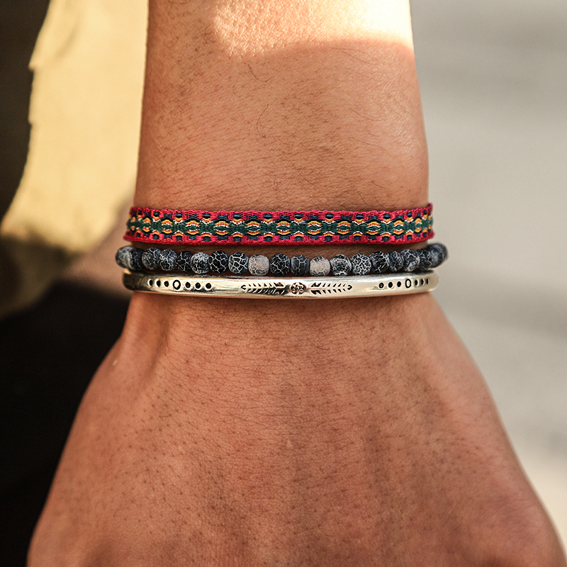 Cadena de cuerda de Buda Tibetano para hombre, pulsera ajustable chapada en plata, con cuentas de piedra Natural azul, 3 unids/set por juego, de joyería: Set