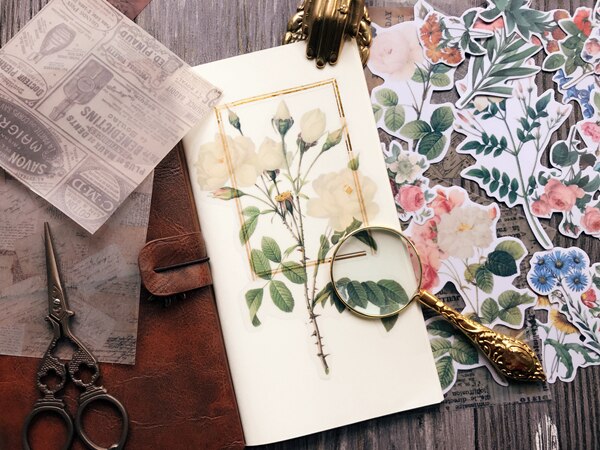 40 piezas papel de terciopelo Vintage gran flor ilustración pegatina DIY álbum de Scrapbooking basura diario planificador pegatinas decorativas