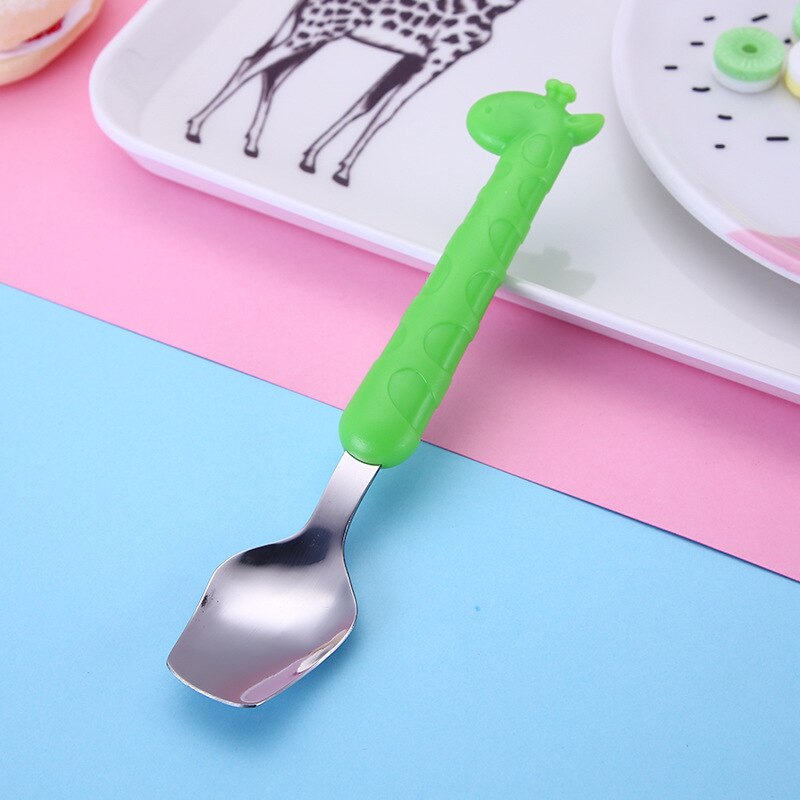 Qshare-vajilla de jirafa para bebé, cuchara de postre para niños, tenedor cuchara de alimentación, artículos de alimentación para bebé, vajilla para niños: Green Spoon
