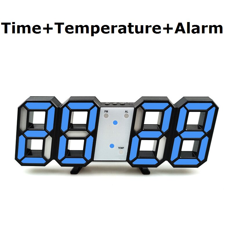 3D horloge moderne numérique 12/24 heure affichage de l'heure mur LED horloge LED rétro-éclairage support de température ou suspendus alarmes pour chambre à coucher: Black Shell Blue