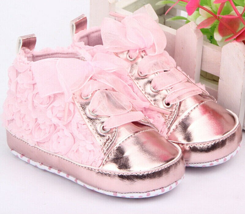 0-18m baby pige pu læder sko skridsikre blonder blomster broderede bløde sko prewalker gå toddler børnesko: Lyserød / 0-6 måneder