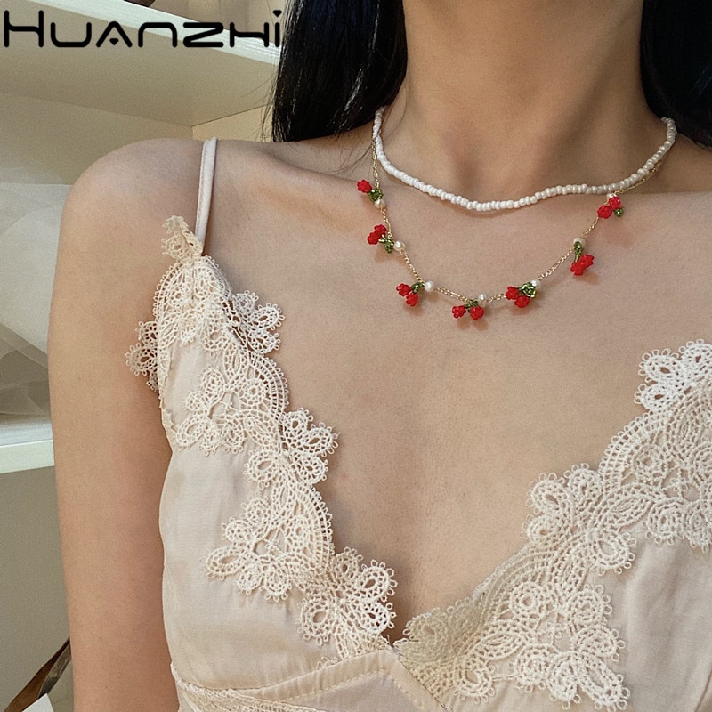 HUANZHI Lovely Beaded Choker Cherry Pineapple Weave Fruit Flowers Necklace for Women Girls Party Jewellery